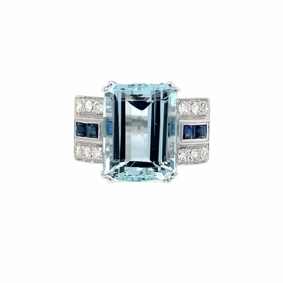 Bague Art Déco en Or Saphir Diamant Aigue-Marine 12 Carats
