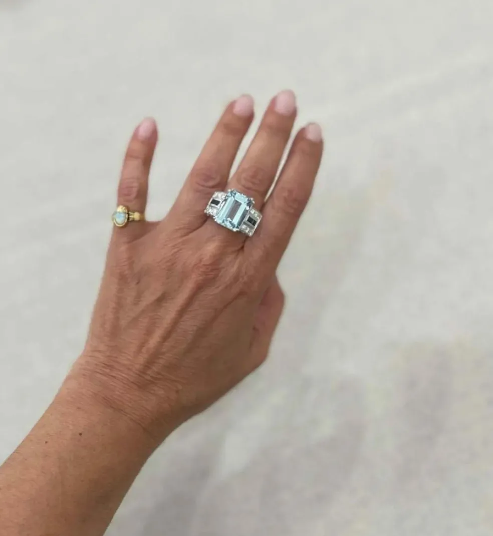 Bague Art Déco en Or Saphir Diamant Aigue-Marine 12 Carats
