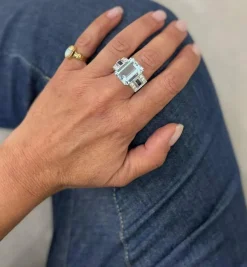 Bague Art Déco en Or Saphir Diamant Aigue-Marine 12 Carats