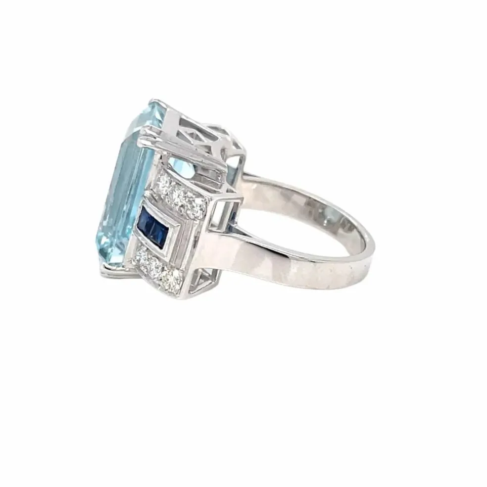 Bague Art Déco en Or Saphir Diamant Aigue-Marine 12 Carats