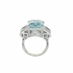 Bague Art Déco en Or Saphir Diamant Aigue-Marine 12 Carats