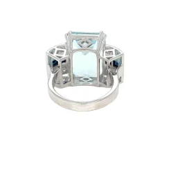Bague Art Déco en Or Saphir Diamant Aigue-Marine 12 Carats