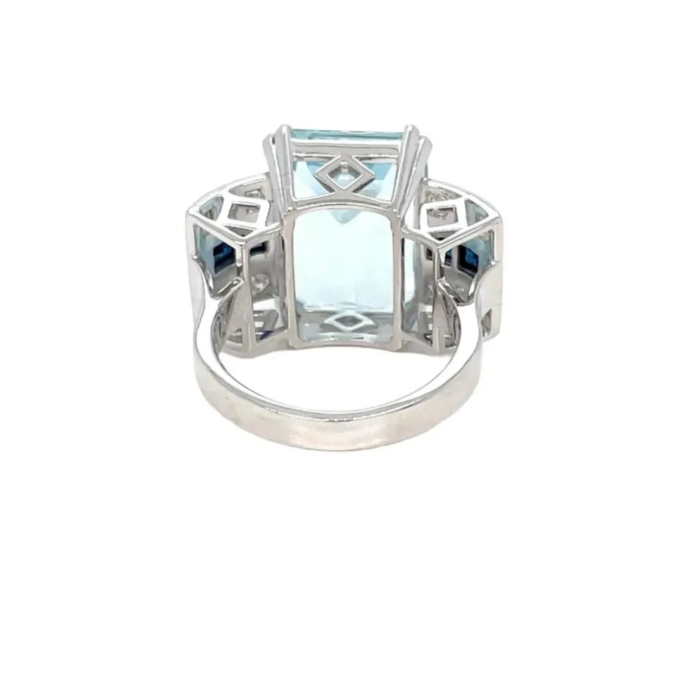 Bague Art Déco en Or Saphir Diamant Aigue-Marine 12 Carats