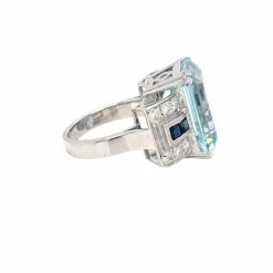 Bague Art Déco en Or Saphir Diamant Aigue-Marine 12 Carats