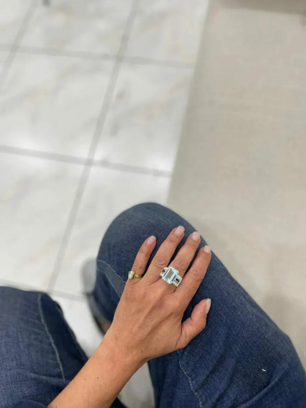 Bague Art Déco en Or Saphir Diamant Aigue-Marine 12 Carats
