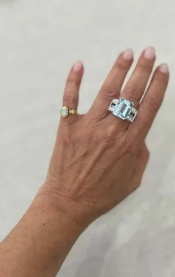 Bague Art Déco en Or Saphir Diamant Aigue-Marine 12 Carats