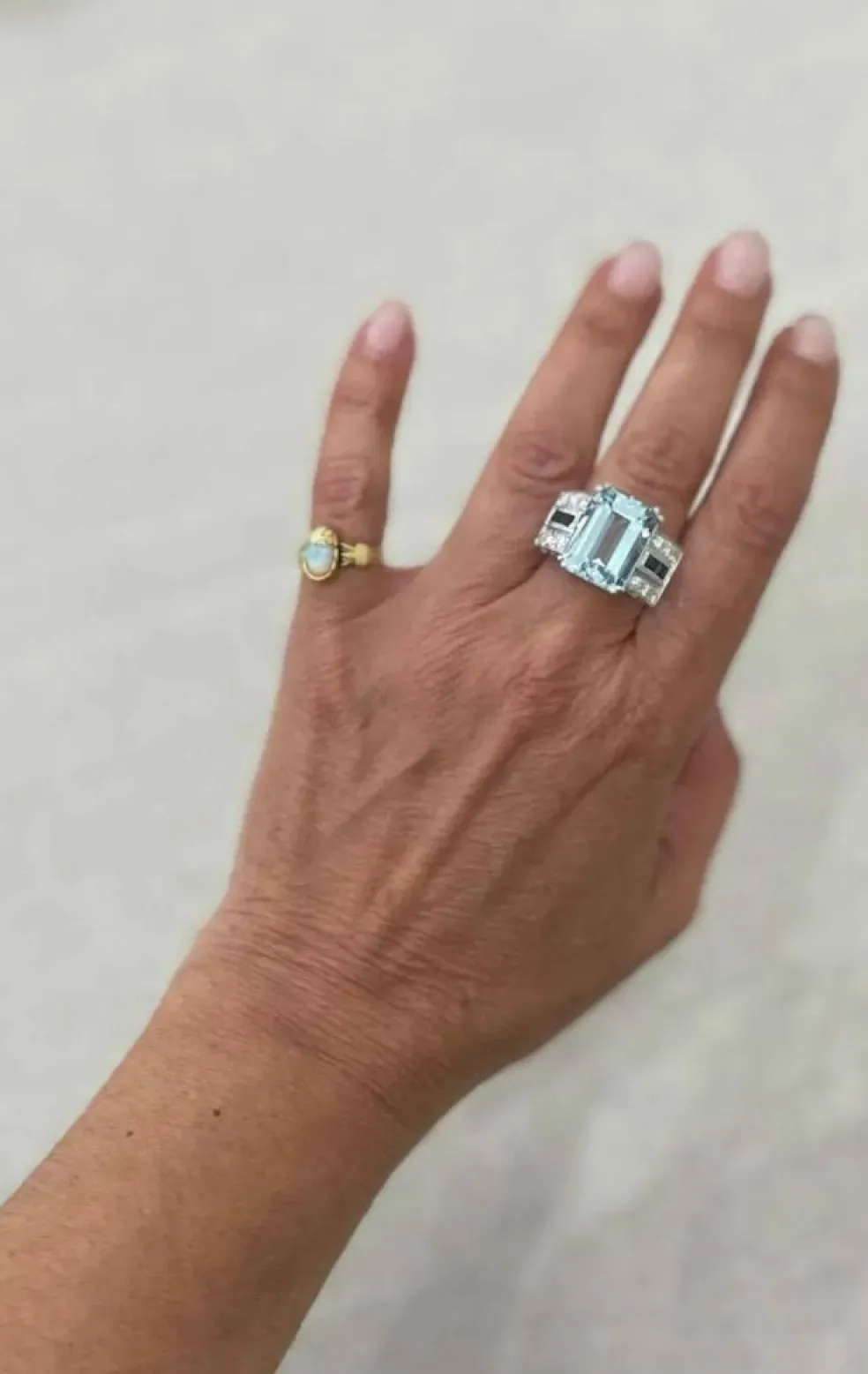Bague Art Déco en Or Saphir Diamant Aigue-Marine 12 Carats