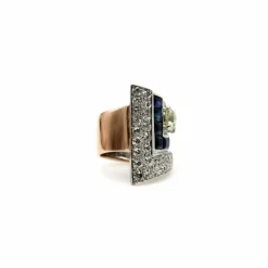 Bague Art déco en platine avec diamants et saphirs