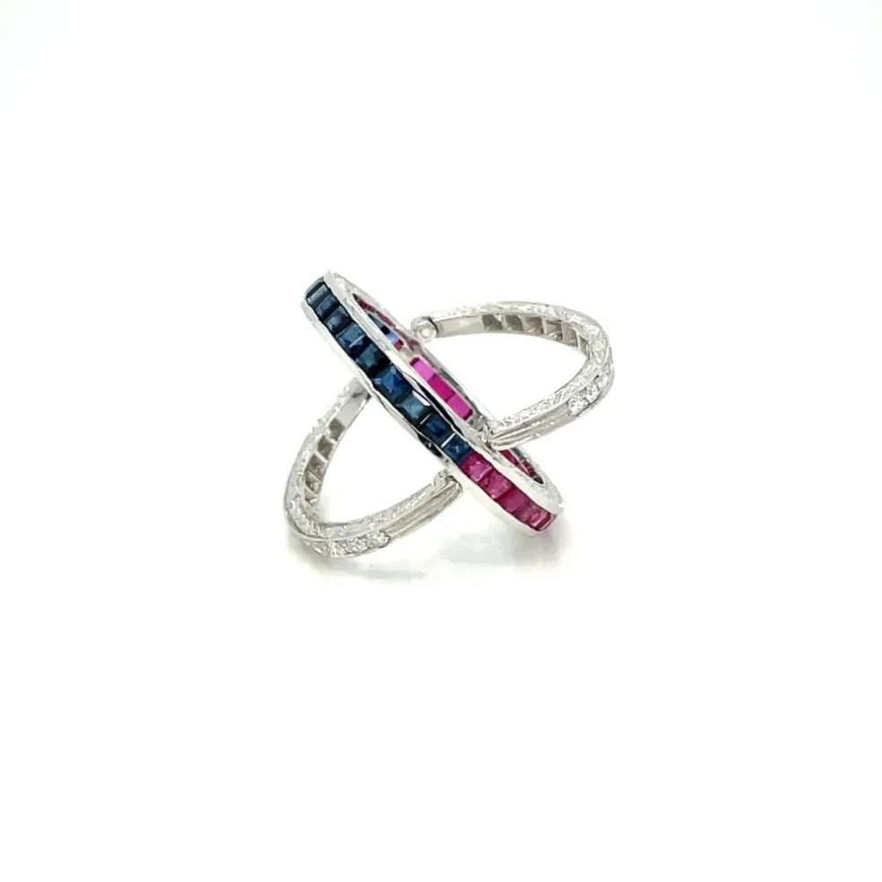 Bague Art Déco Flip Over Rubis Saphir Diamant