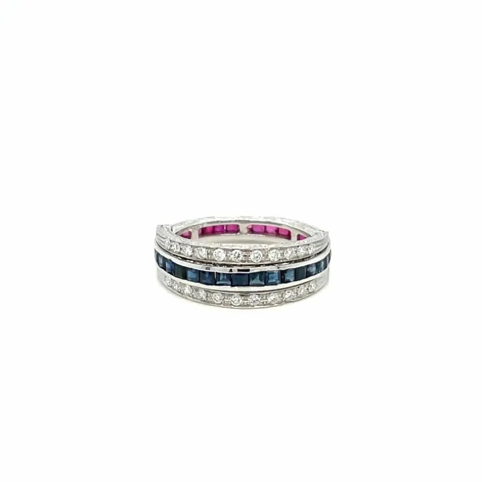 Bague Art Déco Flip Over Rubis Saphir Diamant