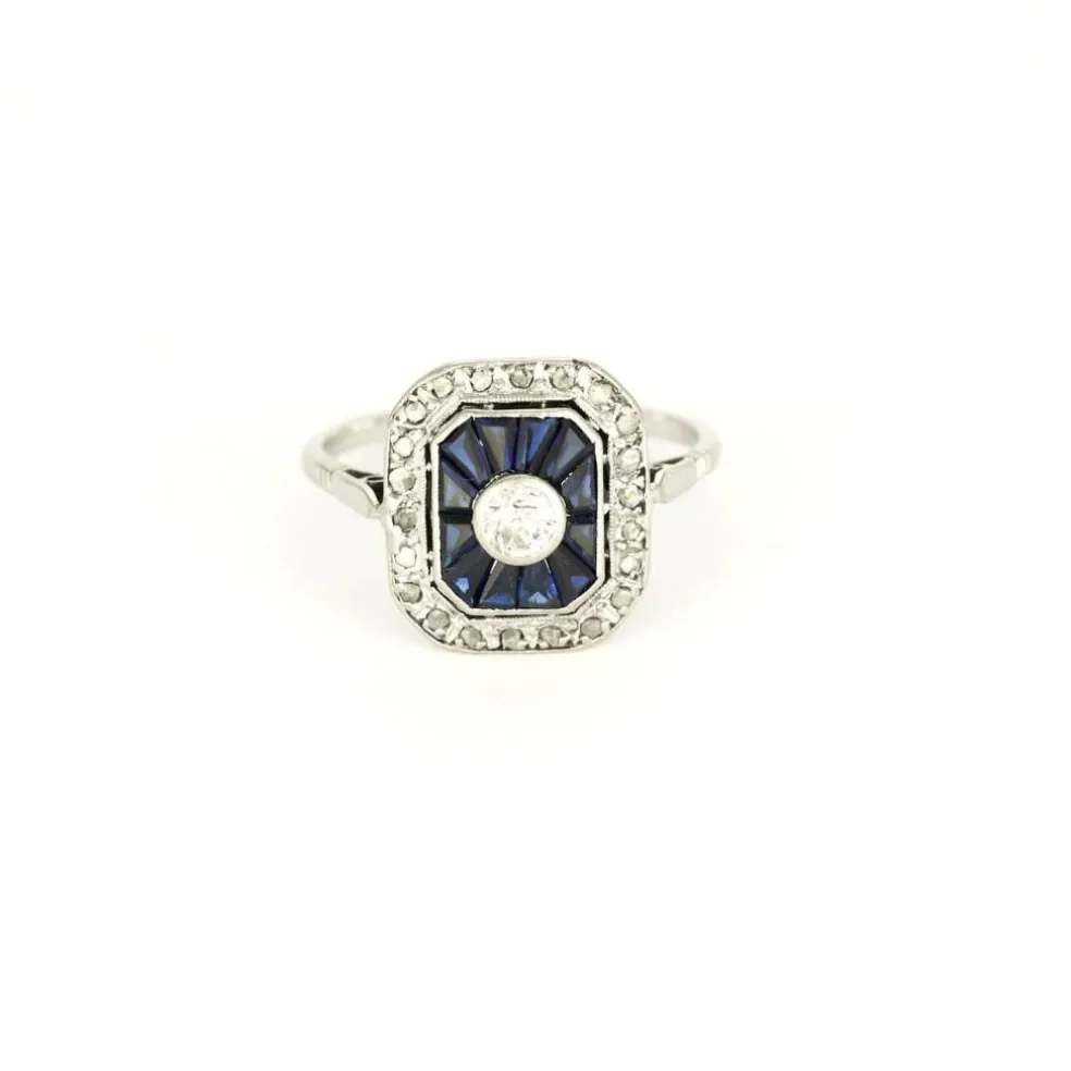 Bague Art Déco octogonale saphirs et diamants