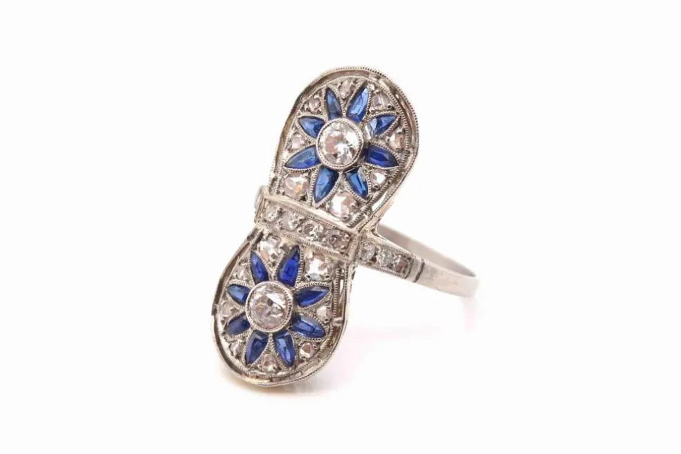 Bague Art Déco Or blanc Platine Saphirs Diamants