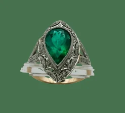Bague Art Déco or blanc, platine, émeraude naturelle, diamants