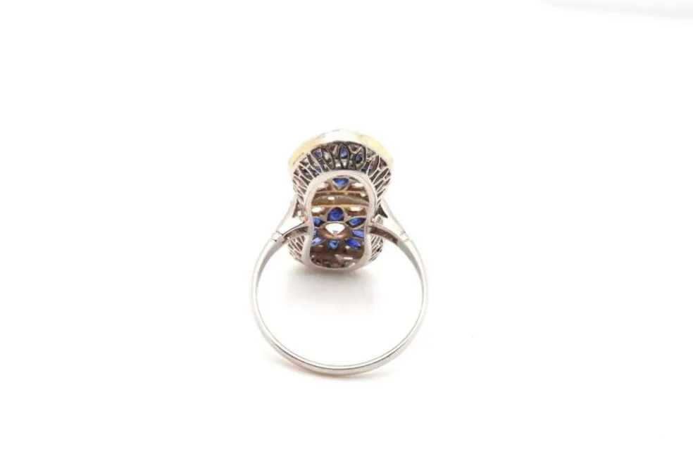 Bague Art Déco Or blanc Platine Saphirs Diamants