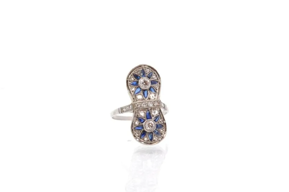 Bague Art Déco Or blanc Platine Saphirs Diamants