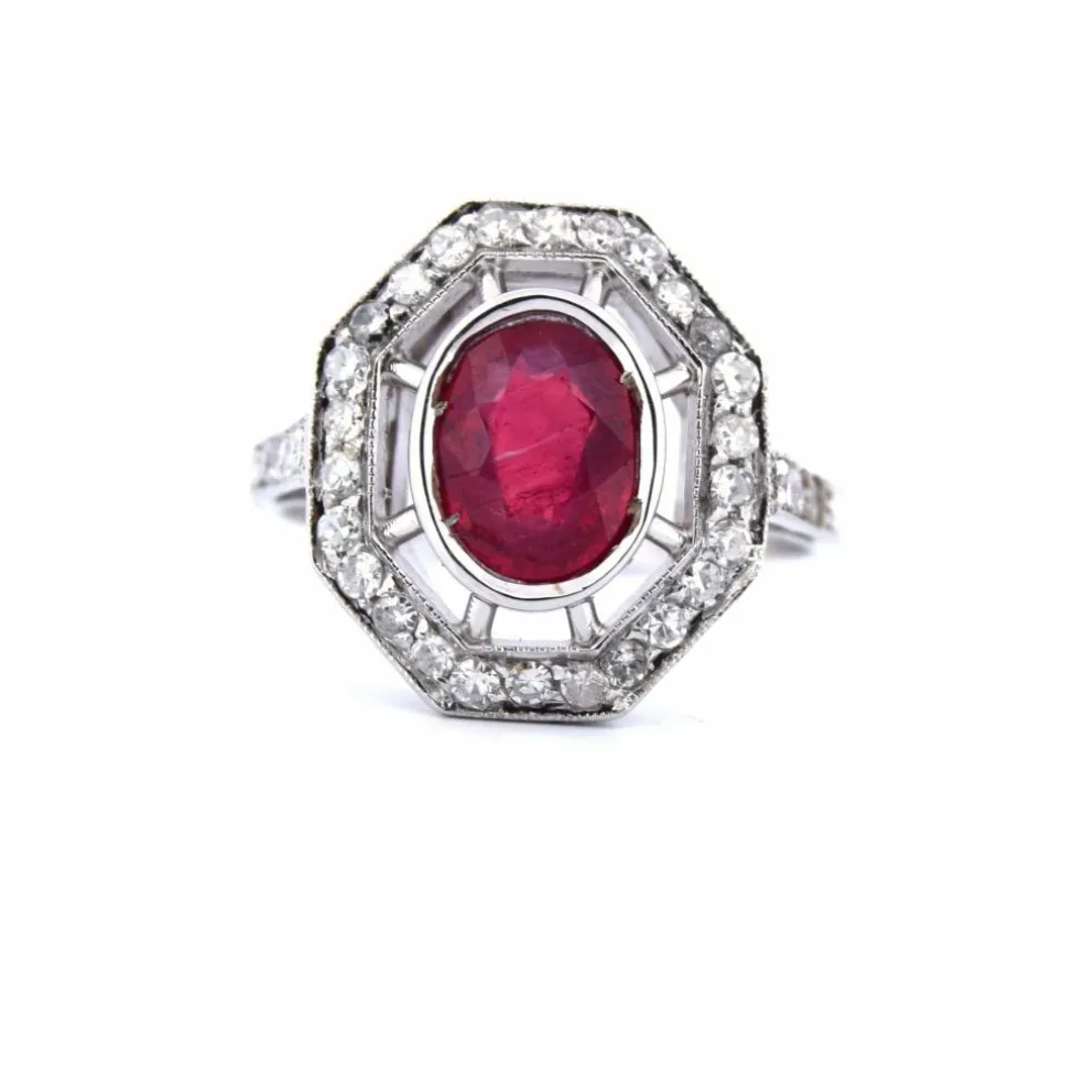 Bague Art Déco or blanc rubis diamants