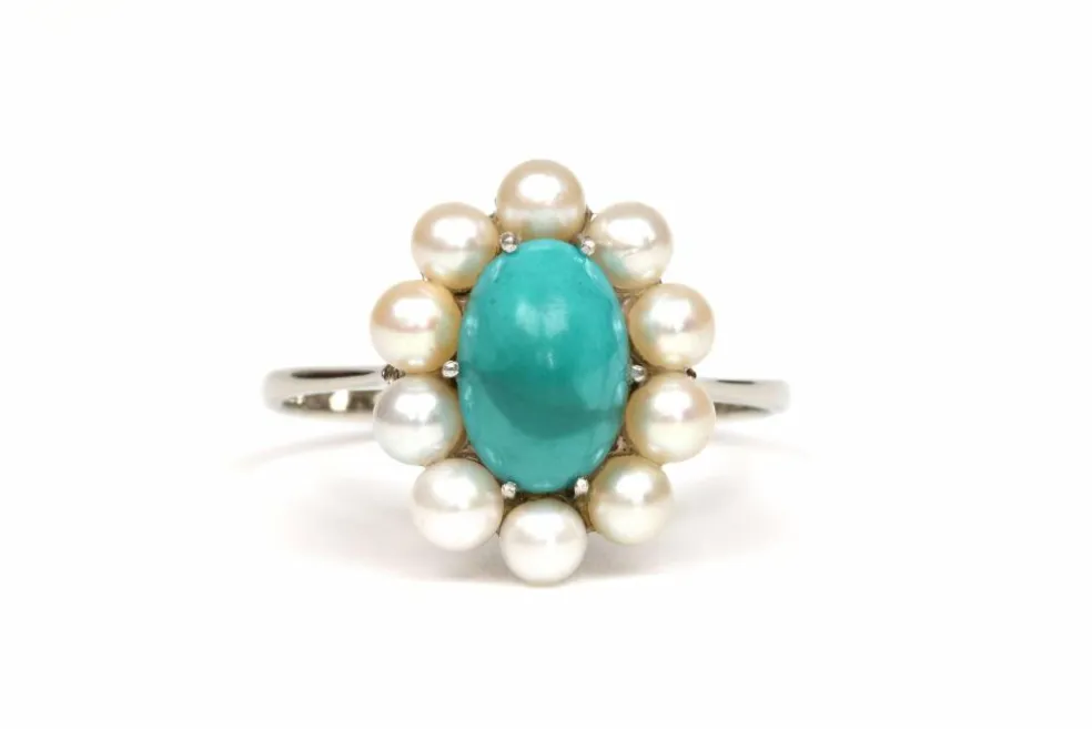 Bague Art Déco or blanc, turquoise et perles
