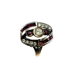 Bague Art Déco Or jaune et blanc Diamant Rubis