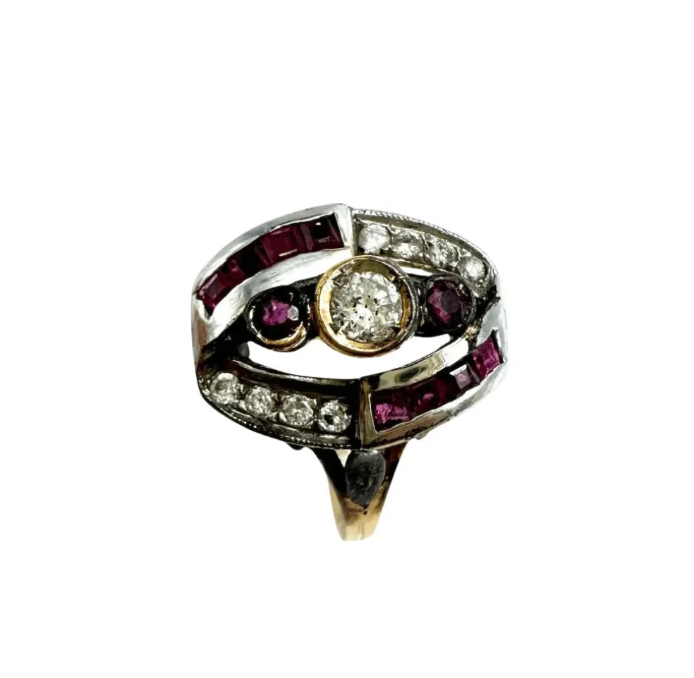 Bague Art Déco Or jaune et blanc Diamant Rubis