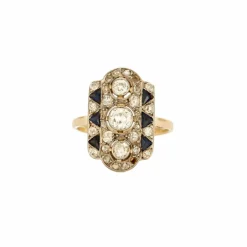 Bague Art Déco or jaune et or gris, diamants et saphirs