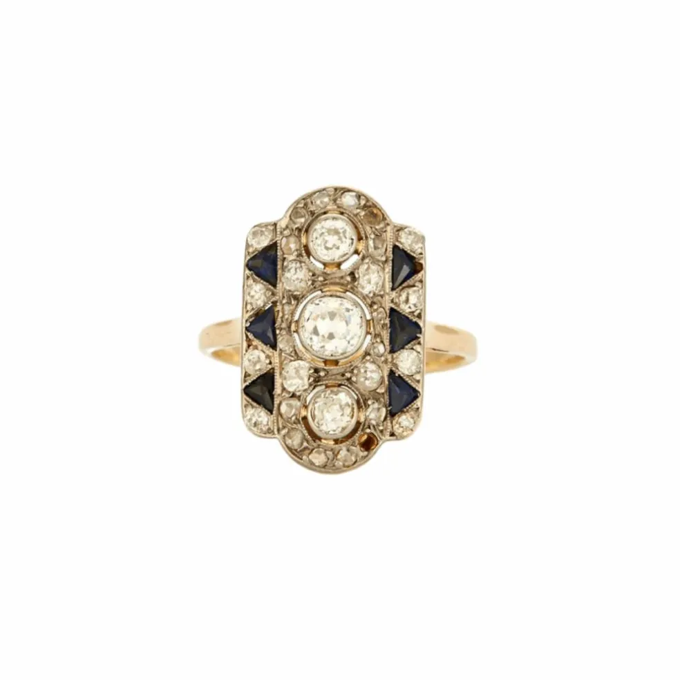 Bague Art Déco or jaune et or gris, diamants et saphirs