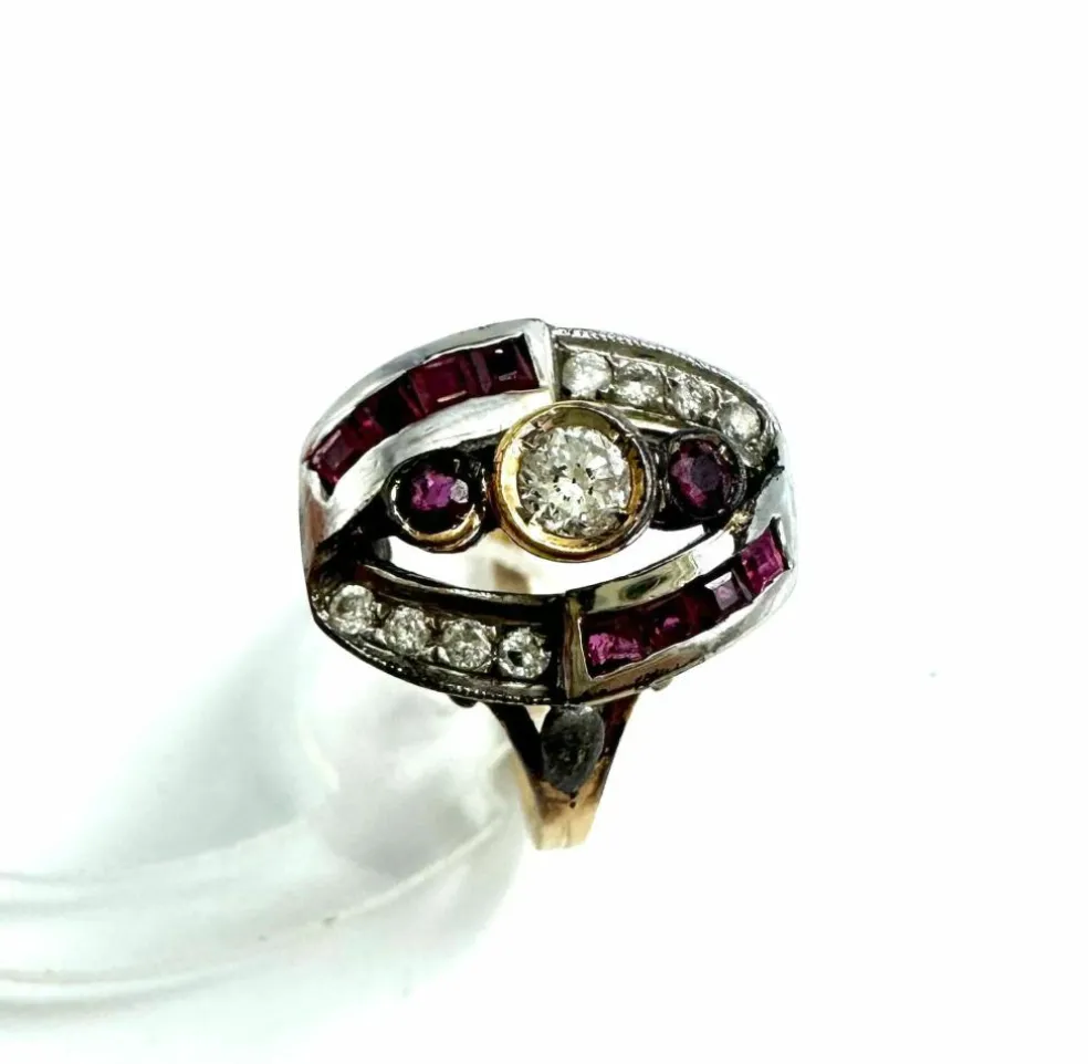 Bague Art Déco Or jaune et blanc Diamant Rubis