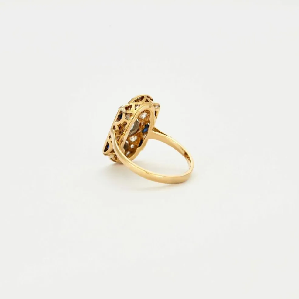 Bague Art Déco or jaune et or gris, diamants et saphirs