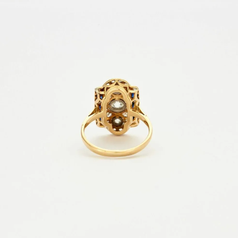 Bague Art Déco or jaune et or gris, diamants et saphirs