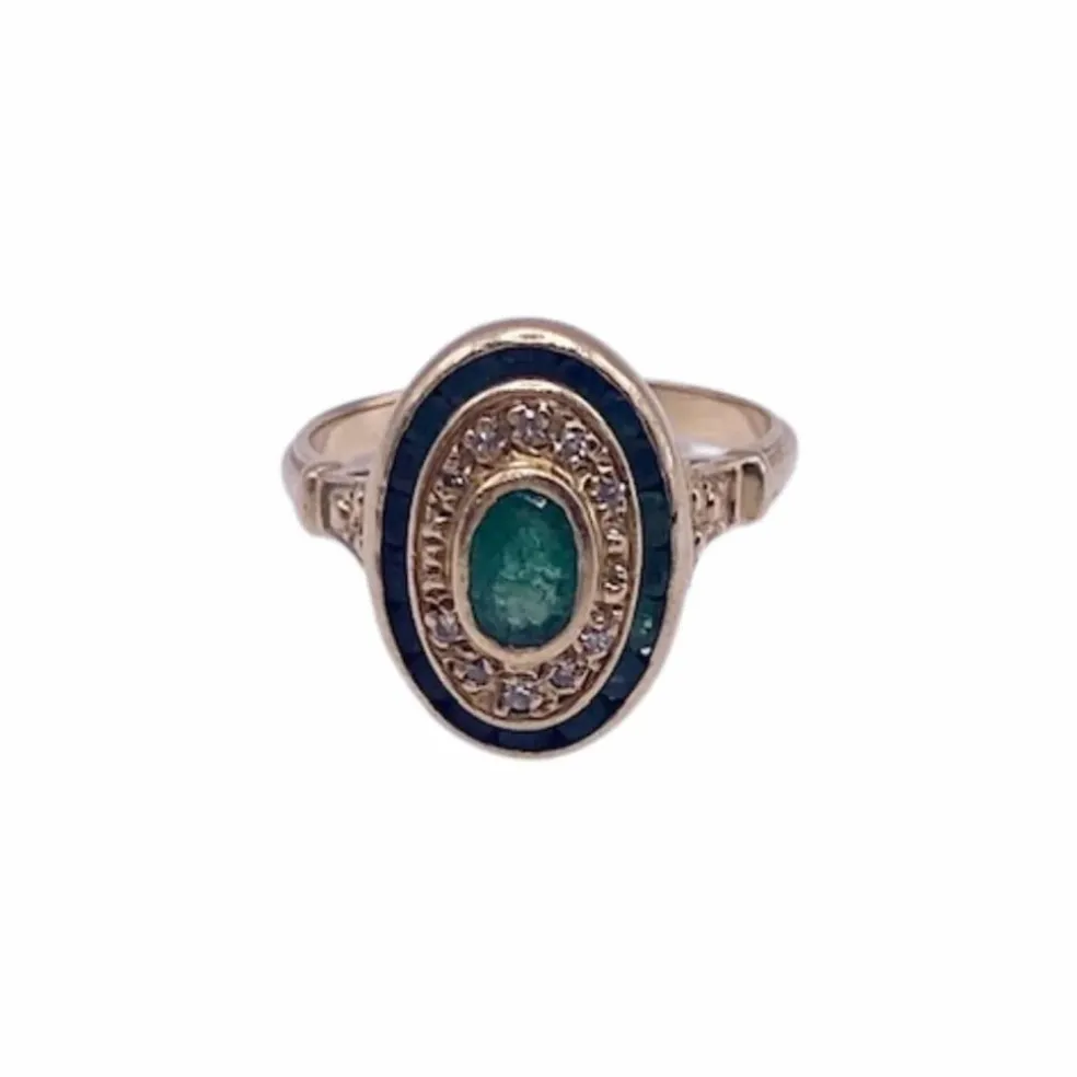Bague Art Déco Or Jaune 18k Émeraudes & Diamants