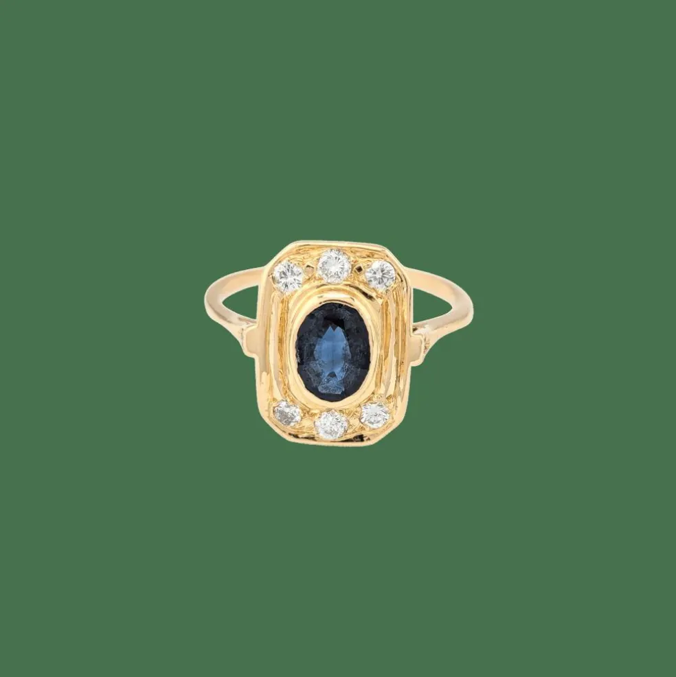 Bague Art Déco or jaune, saphir et diamants