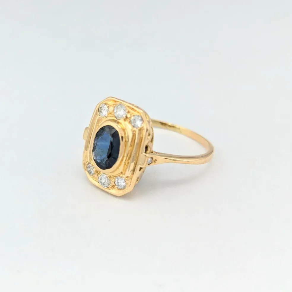 Bague Art Déco or jaune, saphir et diamants