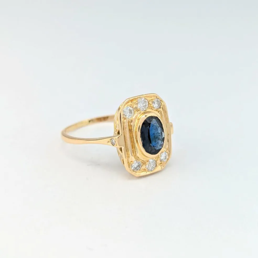 Bague Art Déco or jaune, saphir et diamants