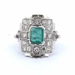 Bague Art Déco or émeraude diamants