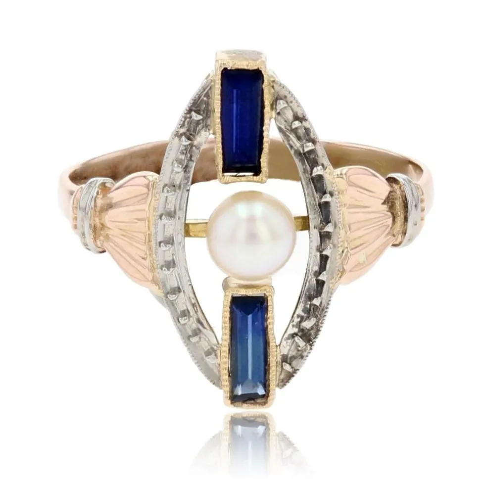Bague art déco perle saphirs 2 ors
