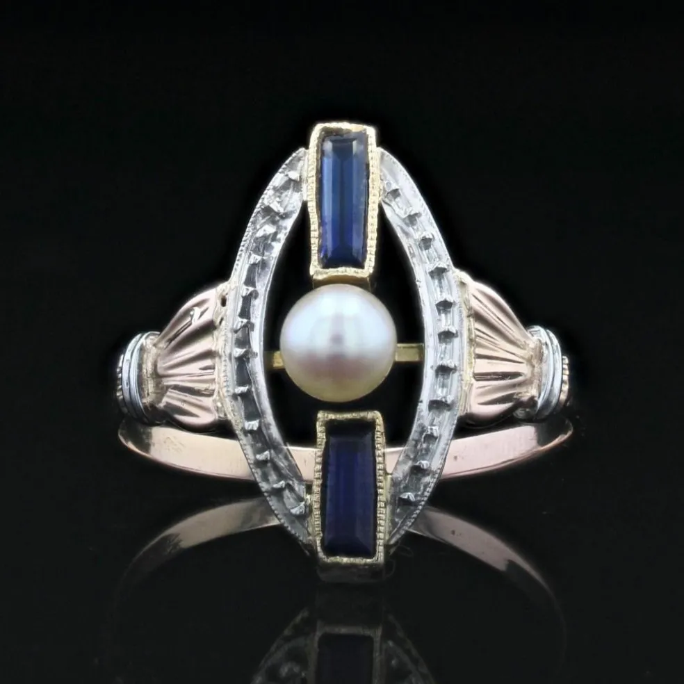 Bague art déco perle saphirs 2 ors