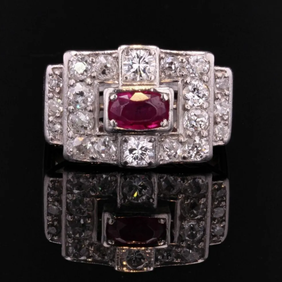 Bague art déco platine rubis diamants