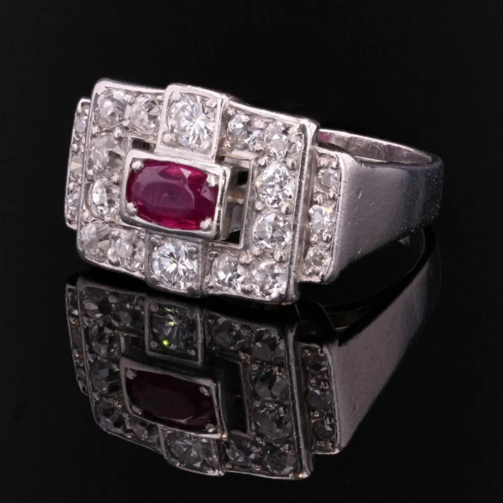 Bague art déco platine rubis diamants