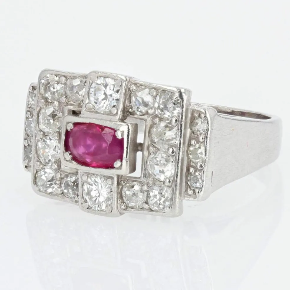 Bague art déco platine rubis diamants