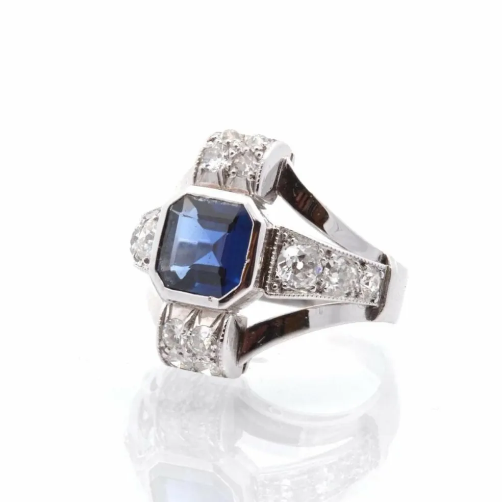 Bague Art Déco Platine Saphir Diamants