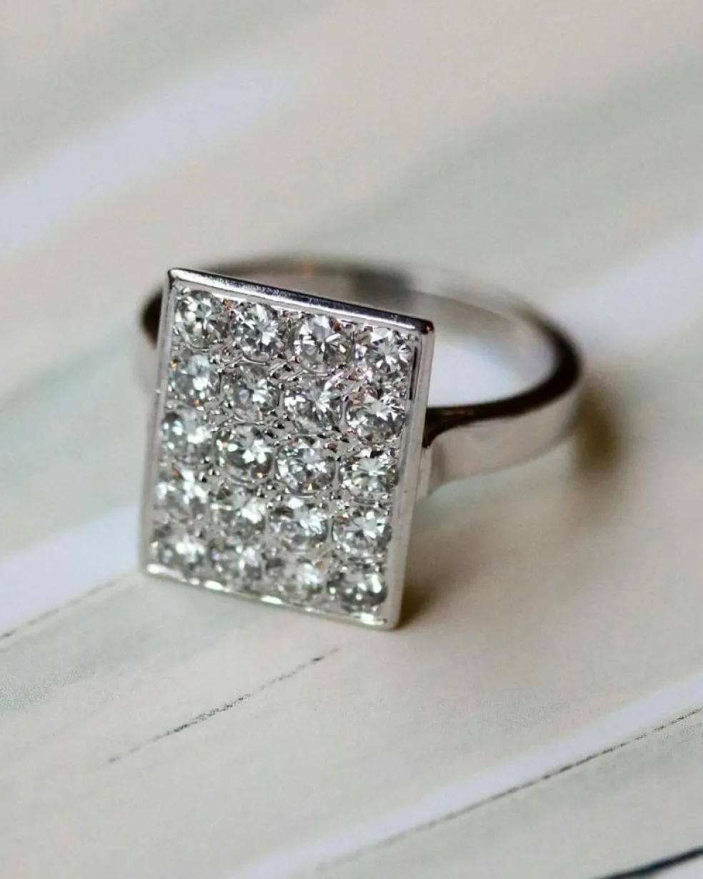 Bague Art Déco Rectangle Or Blanc et Diamants