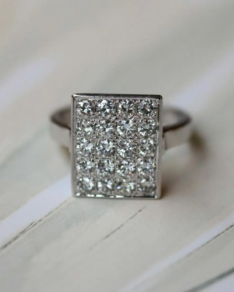 Bague Art Déco Rectangle Or Blanc et Diamants