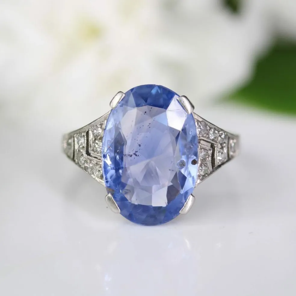 Bague Art Déco saphir de Ceylan et diamants