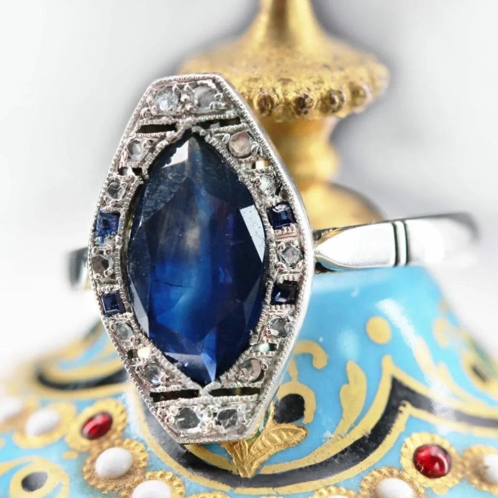 Bague art déco saphirs diamants navette
