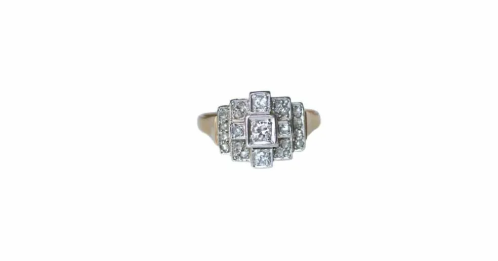 Bague Art Déco Tank Escalier or rose, platine, diamants