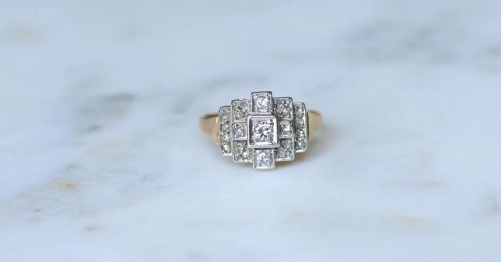 Bague Art Déco Tank Escalier or rose, platine, diamants