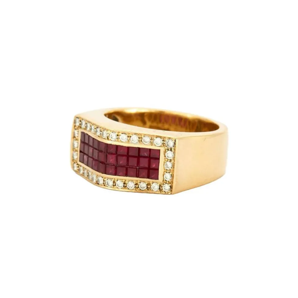 Bague art déco tank or jaune et rubis