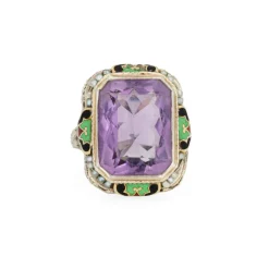 Bague Art Déco Vintage Améthyste Cocktail Émail Filigrane Or