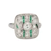 Bague Art Déco vintage en or blanc avec diamants et émeraude
