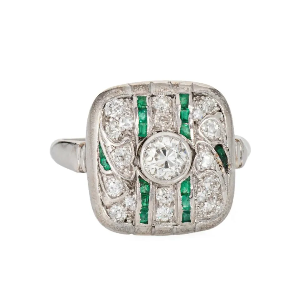 Bague Art Déco vintage en or blanc avec diamants et émeraude