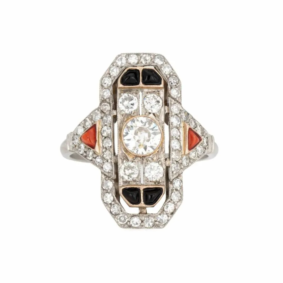 Bague Art Déco vintage en diamant, corail, onyx et platine
